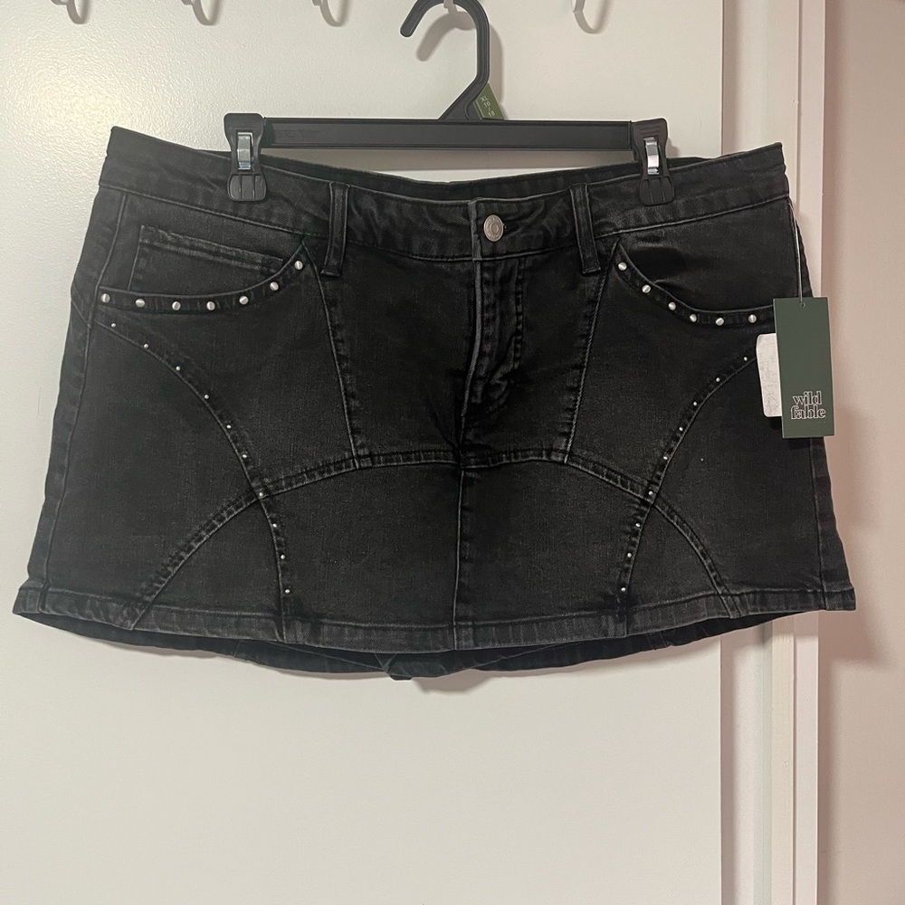 Black Stud-Accent Denim Mini Skirt